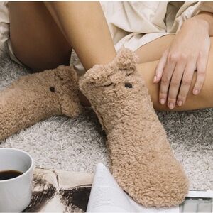 Dearfoams Novelty Plush Animal Bear Slipper Sock Brown Latte Gripper Kawaii Y2K